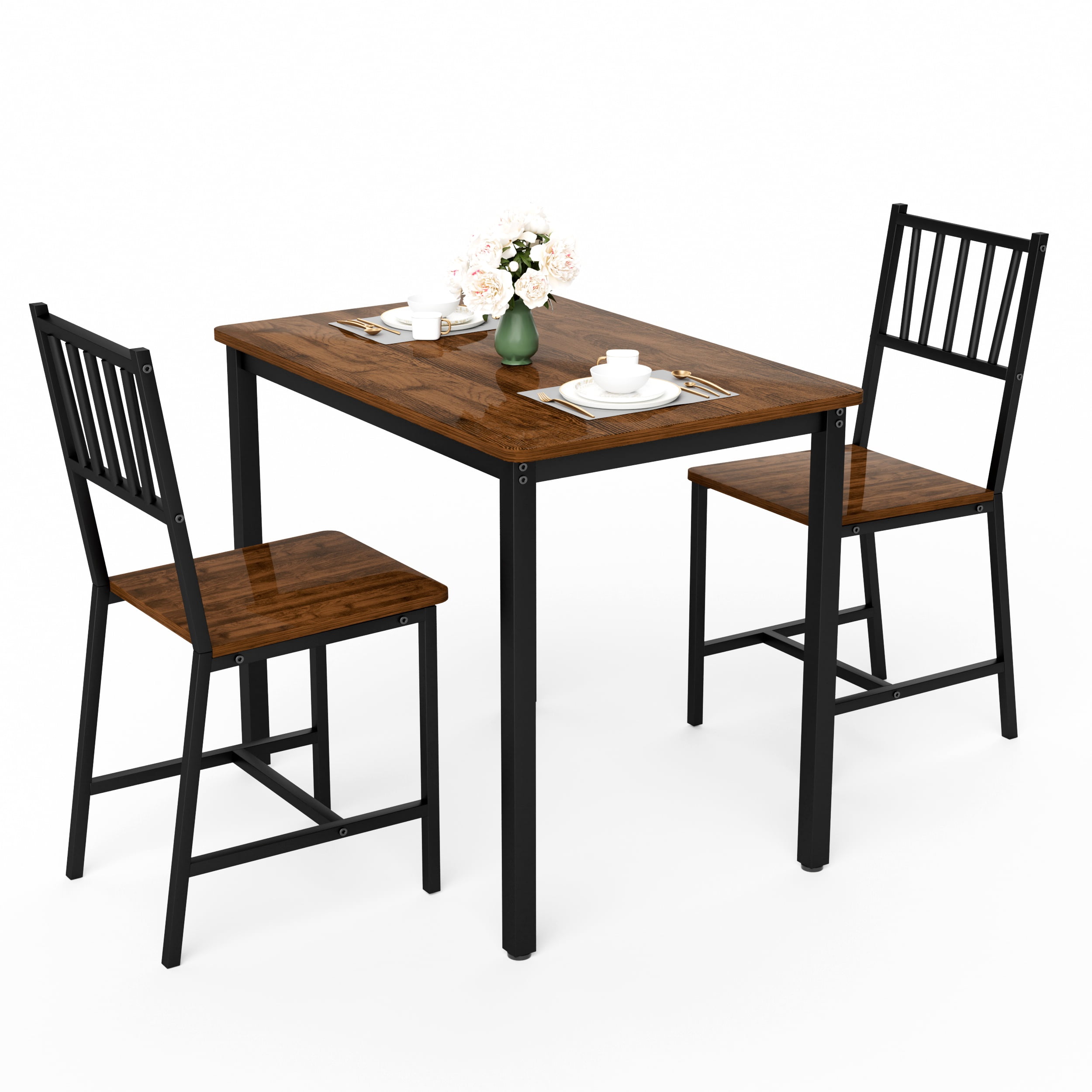 Aukfa 3 Piece Dining Table Set for 2, Space-Saving Kitchen Table Set with 2 Chair & Steel Frame for Small Spaces,Black