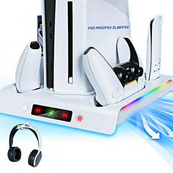 YUOY Soporte de Enfriamiento para PS5 con Cargador Dual para Controladores, Iluminación RGB y Almacenamiento de Juegos – Todos los Accesorios para PS5 en Uno Compatible con PS5 Pro/Slim/Original