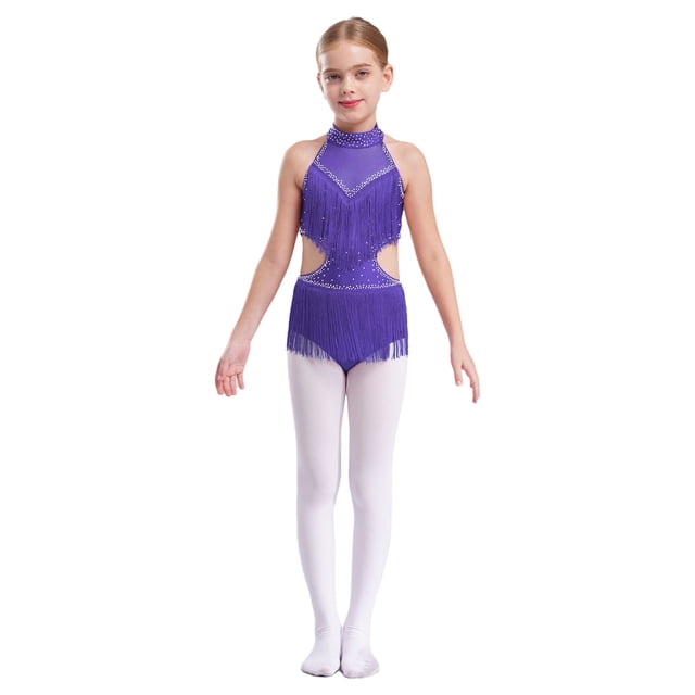 Jhaoyu Robe de Danse Latine pour Filles avec Strass, Franges, Justaucorps Sans Dos, Violet 14