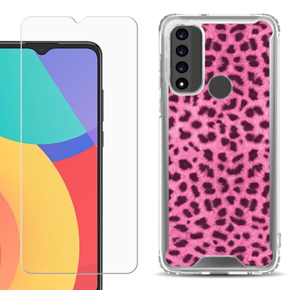 Shockproof Bumper Phone Case for TCL 20 XE, with Tempered Glass Screen Protector, by OneToughShield ® - Cheetah Pink