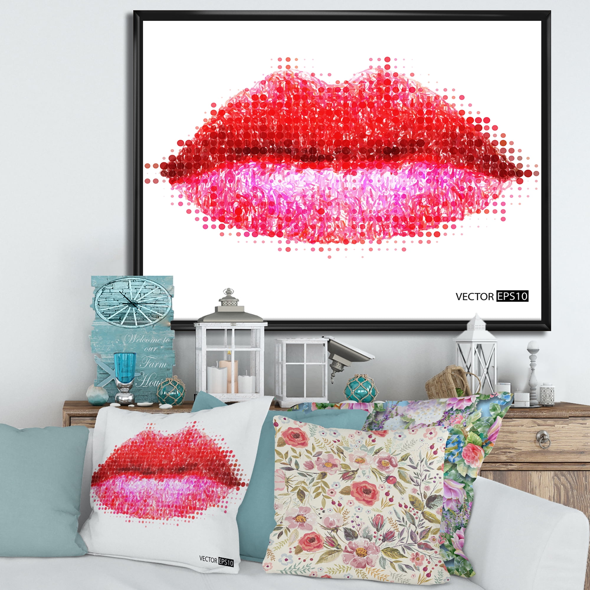 Designart 'Abstract Red Woman Lips in Pixels' Modern Framed Canvas Wall Art Print