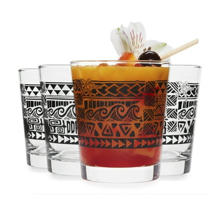 Libbey Tiki Rocks Glasses Set, Vintage-style Glassware Drinking Glasses Set of 4, Exotic, Dishwasher Safe Glasses for Backyard Luau or Pool Party