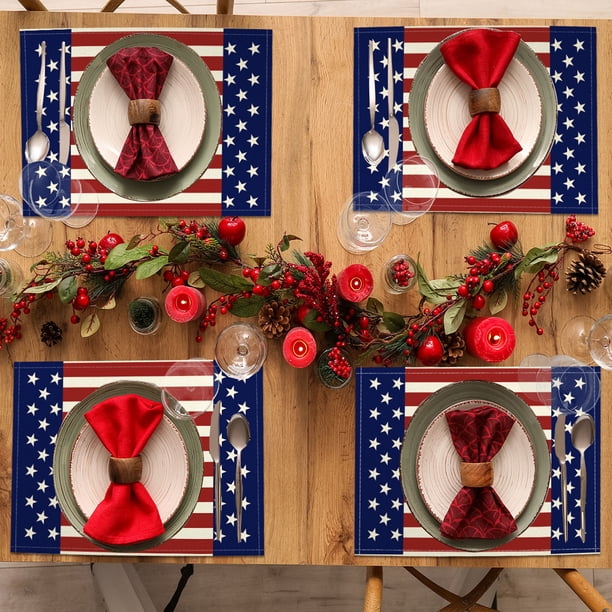Manteles individuales para el Día de la Independencia | Manteles individuales patrióticos para la mesa | Juego de 4 manteles individuales de lino aislantes para la cocina y barbacoas al aire libre