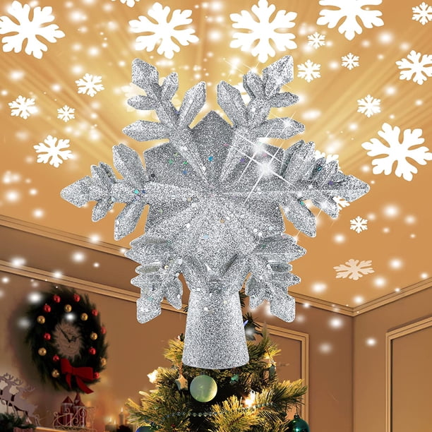 Adorno para árbol de Navidad iluminado con luces de proyector de copos de nieve LED giratorias, cinta con brillantina de 5 puntos 2 en 1, adorno para árbol de estrella de 9,8 pulgadas con luces de nev