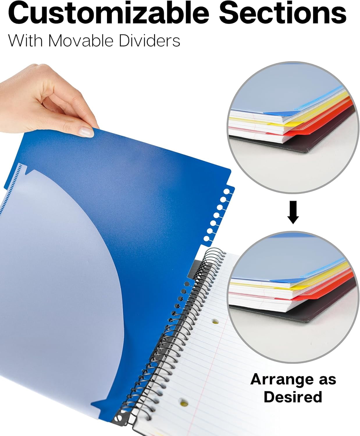 3-Subject Notebook College Ruled 8.5 x 11 (Black), 150 Sheets (300 Pages), Spiral Notebook 8.5x11 with Tabs, Movable Dividers, Storage Pockets, Protective Plastic Covers