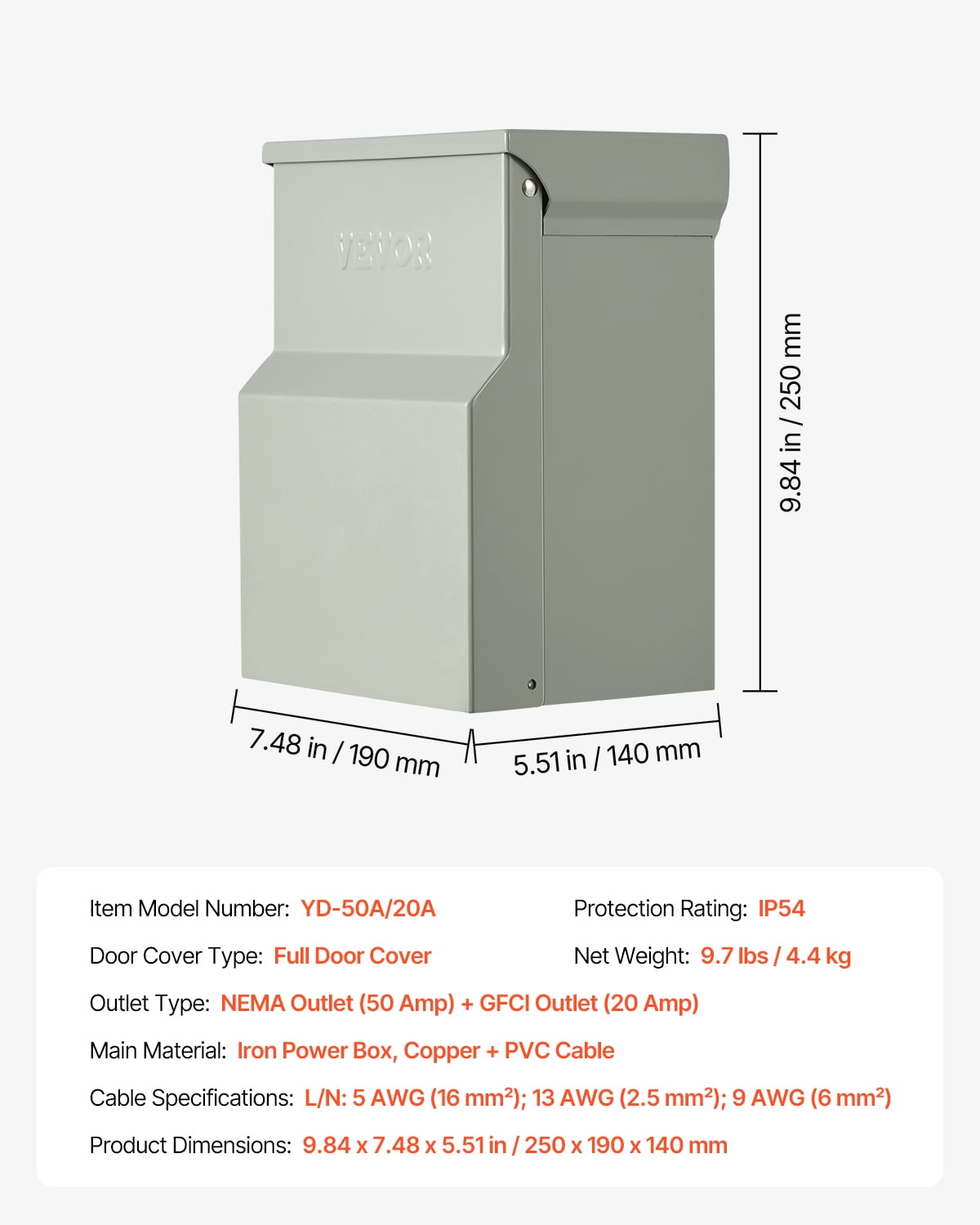 VEVOR Temporary Power Outlet Panel, 20 50 Amp, RV EV Electrical Outlet Panel with NEMA 50 Amp GFCI 20 Amp Receptacle Installed, Pre-Wired IP54 Weatherproof Box, for RV Camper Car Travel Motorhome