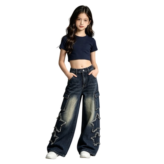 Glisme Little Girls Denim Pants Wide Leg Jeans With Pockets Autumn Casual Girls Baggy Trousers