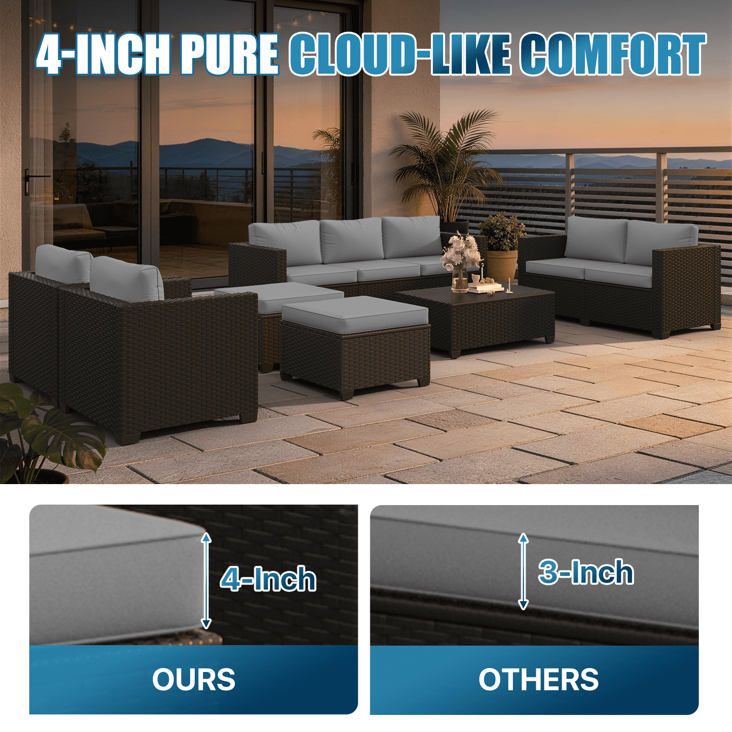 Sunmthink 10 Piece Patio Furniture Set, Rattan Wicker Patio Conversation Set Outdoor Furniture, Light Gray