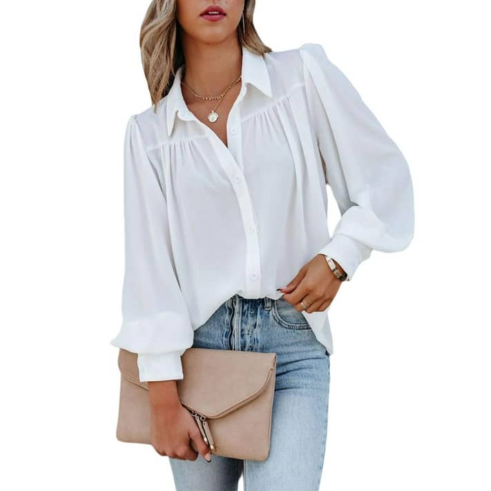 FARYSAYS Long Sleeve White Blouse for Womens Flowy Tops White Button ...