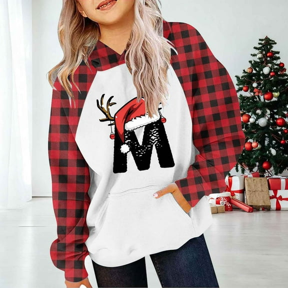 ITSAME Boys Girls Christmas Hoodie, with Pocket Xmas Graphic Plaid Long Sleeve Fashion Holiday Hooded Sweatshirt Red 7T