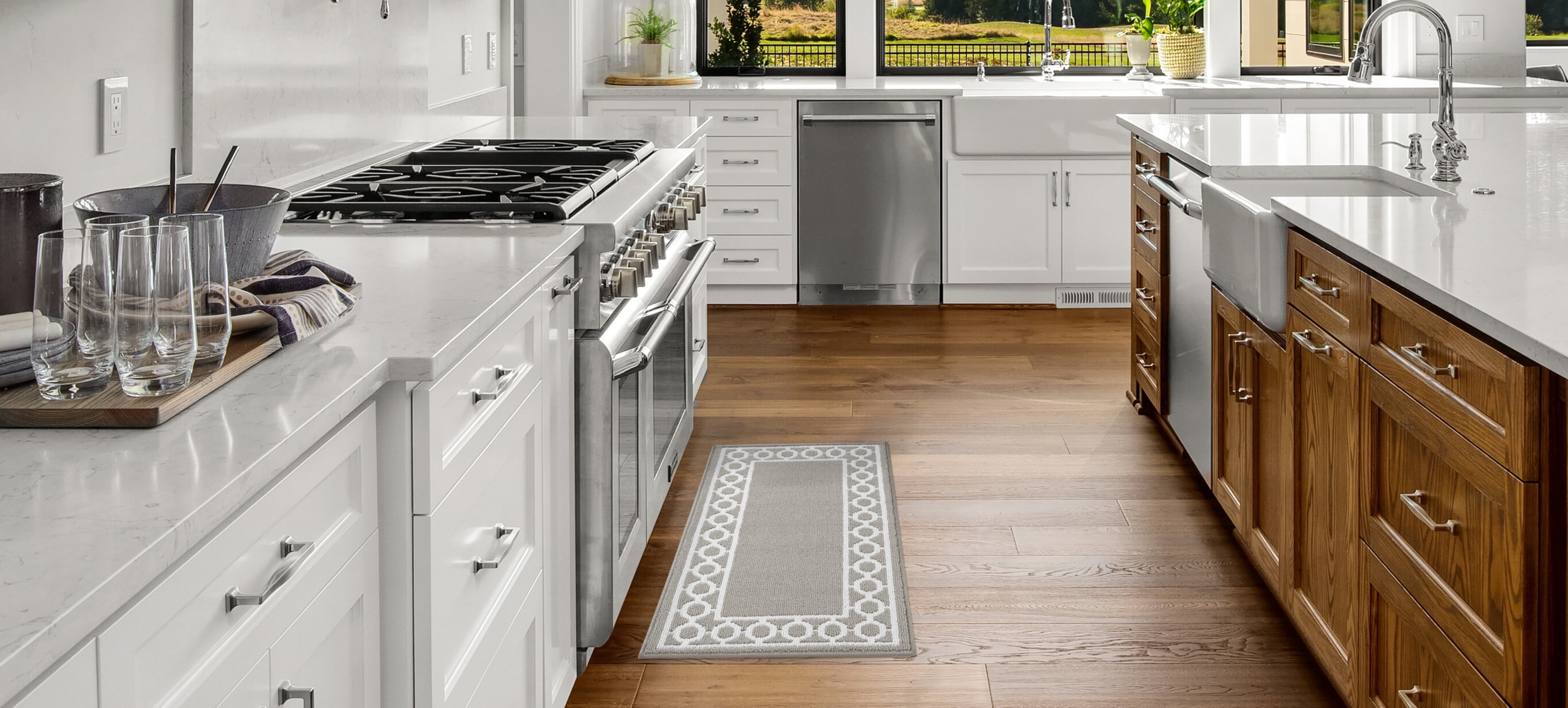 Washable Skid-Resistant Runner Rug, Trellis Border, Light Grey and White, 26" x 45"