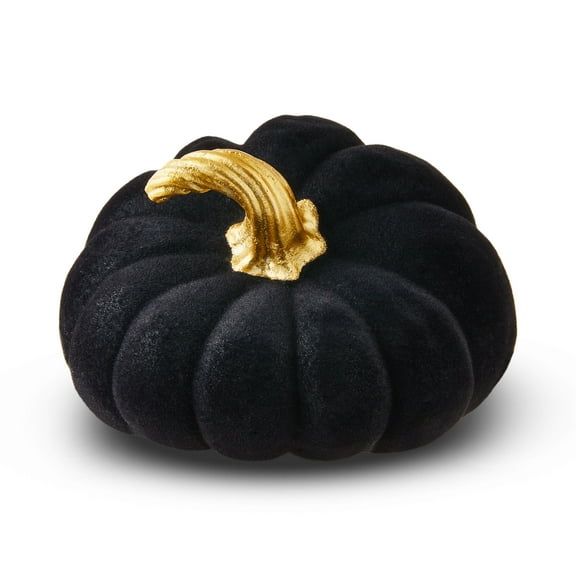 Flocked Wilted Pumpkin Tabletop Decor, Black & Gold, 5.32", Halloween by Way To Celebrate