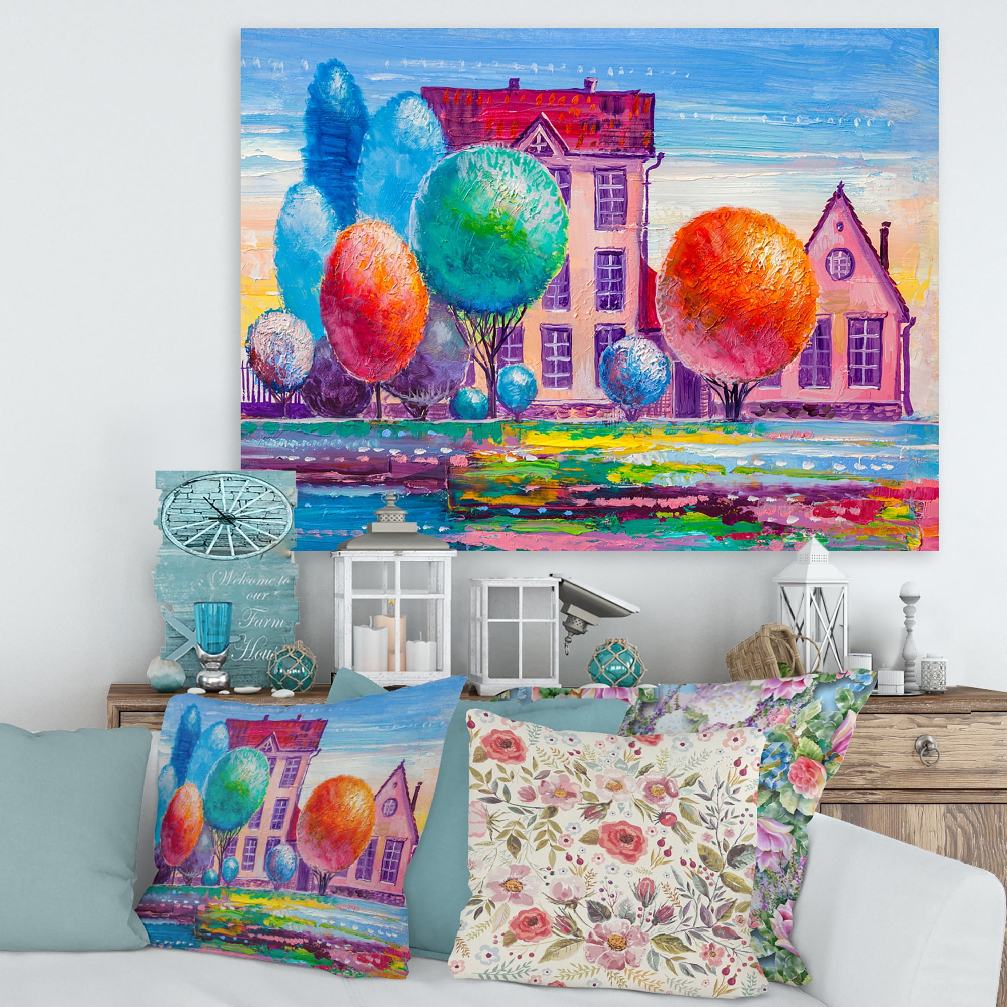 Designart ' Abstract Daydream House In The VIllage ' Traditional Canvas Wall Art Print