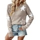 thumbnail image 3 of Suéter de Punto Holgado de Larga para Mujer, Suéter de Punto con Estrellas, Suéter de Punto Holgado de Cuello Redondo. Caqui L, 3 of 9