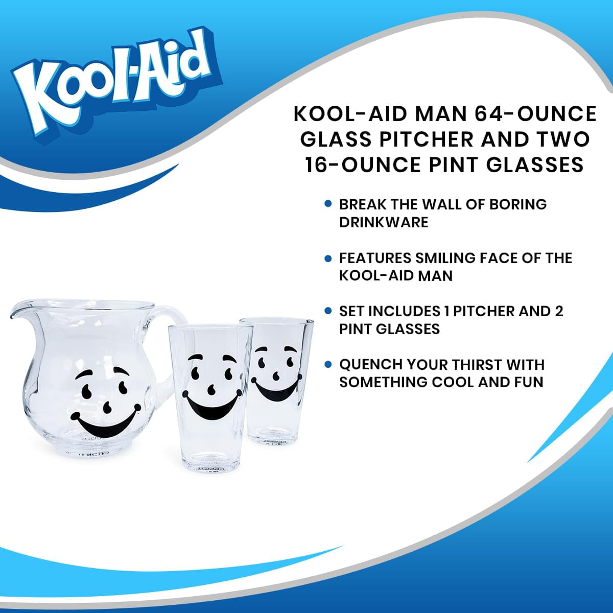 Kool-Aid Man Glass Pitcher & Pint Glasses Set - 64oz Pitcher With Two 16oz Nostalgic Drinkware