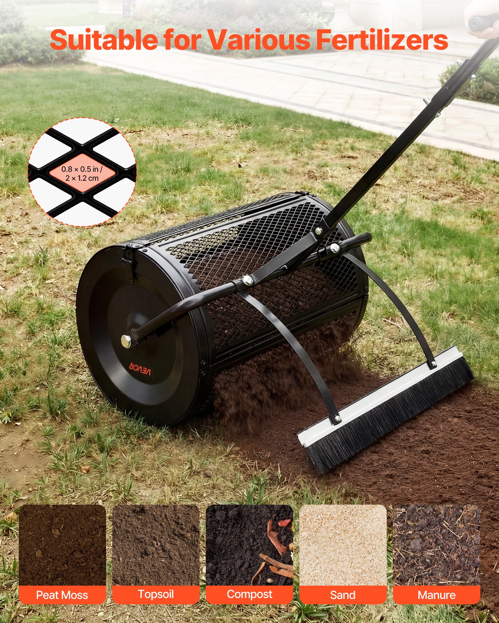 VEVOR Compost Spreader, 24" Wide Peat Moss Spreader with Push/Tow Handle & Brush, 4 Heights Adjustable, Powder-Coated Steel Garden Peat Moss Roller, Heavy Duty Grass Seed Roller for Planting Seeding