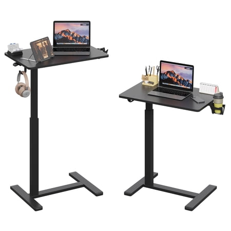 Black 26×19 Inch Height Adjustable Gas Spring Mobile Laptop Desk with Wheels Sit-Stand Rolling Side Table with Cup Holder & Headphone Hook for Office Home