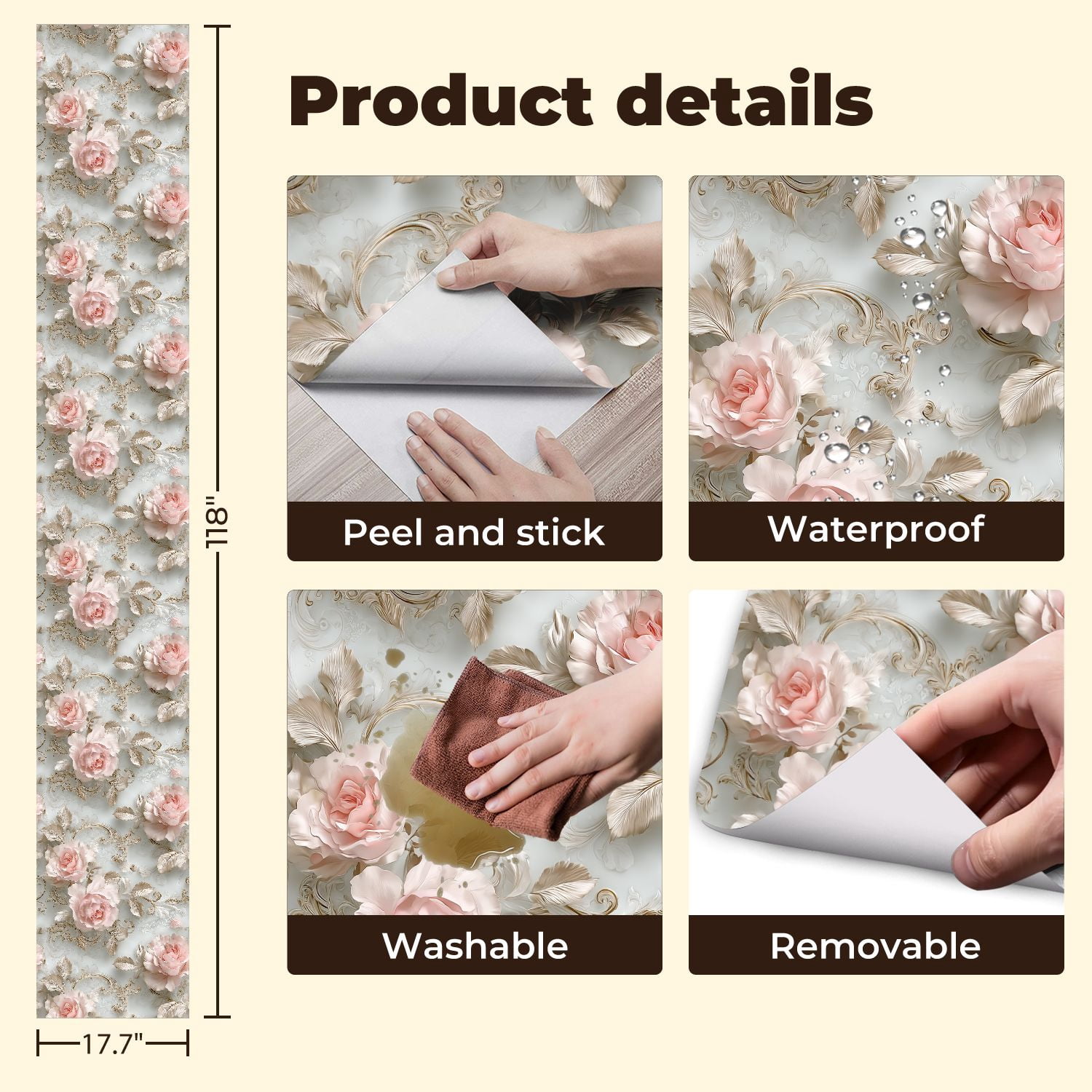 Peel and Stick Wallpaper Elegant Rose Soft Pink Flowers Ornate Gold Detailing Wall Mural 17.7in x 9.8ft Self Adhesive Removable Wall Paper Renter Friendly Wallpaper for Bedroom