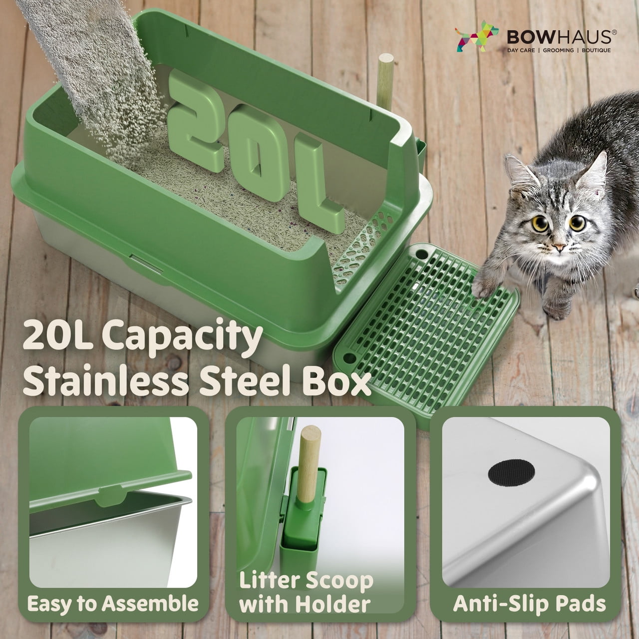 CAPHAUS XL 3 in 1 Enclosed Stainless Steel Cat Litter Box w/ Lid, Extra Large High Sided Metal Cat Litter Pan, High Sided Steel Litter Box w/ Scoop, Odor Control, Easy Clean & Anti-Leakage, Beige