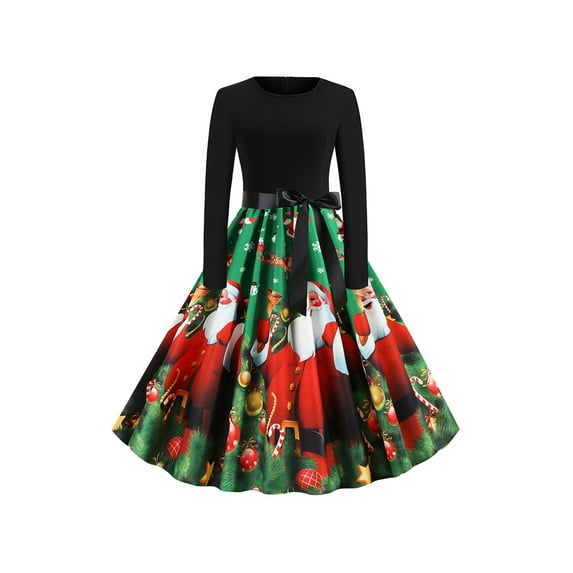 FASHIONWT Women Christmas Skater Dress Vintage Party Knee Length Dress