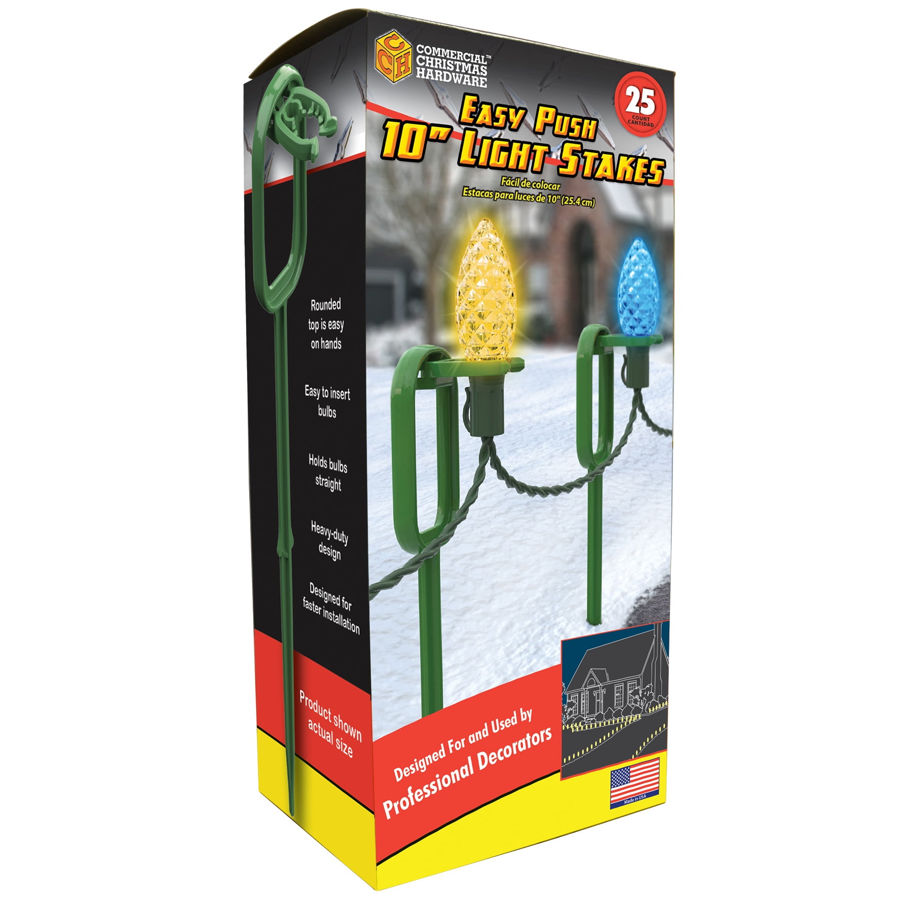 Adams Manufacturing 10" Easy Push Christmas Lawn Stakes for String Lights, Green, 25 Count