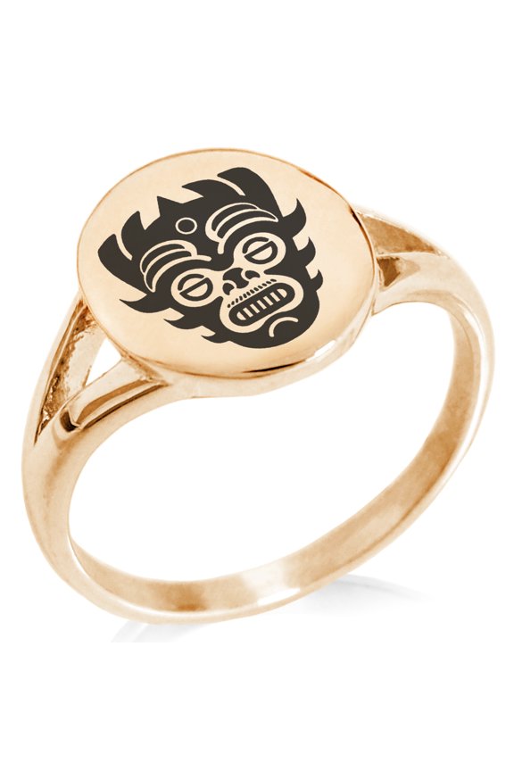 Stainless Steel Aztec Warrior Mask Rune Minimalist Oval Top Polished Statement Signet Ring