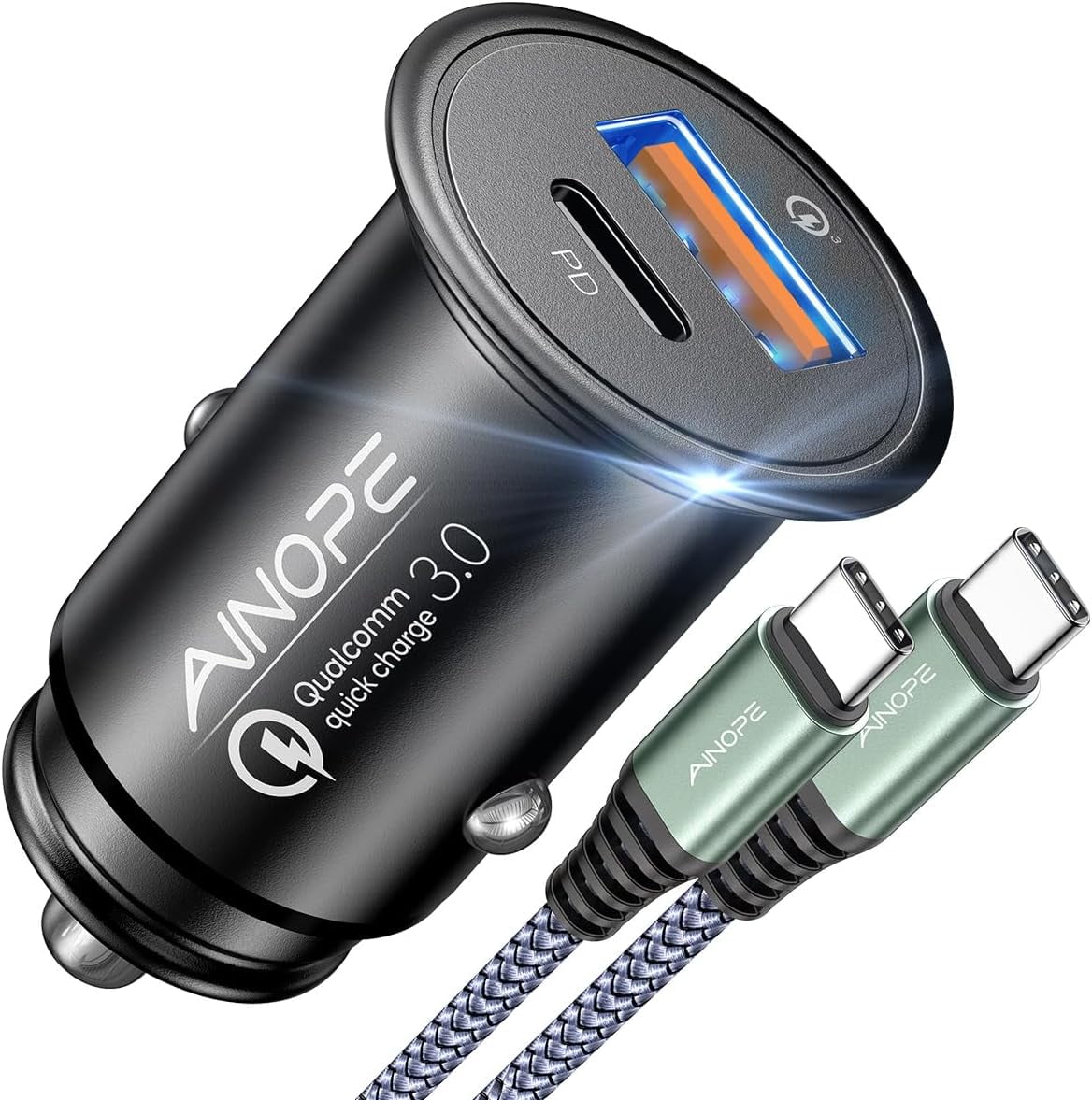 MHSIOAP-67.5W Car Charger USB C Fast Charging【Mini & Metal】[+ 6.6 FT Type-C Cable] Dual Port PD/QC3.0 Cigarette Lighter USB Charger Adapter for iPhone 17 Pro Max 16 15 Air Samsung Android, Black