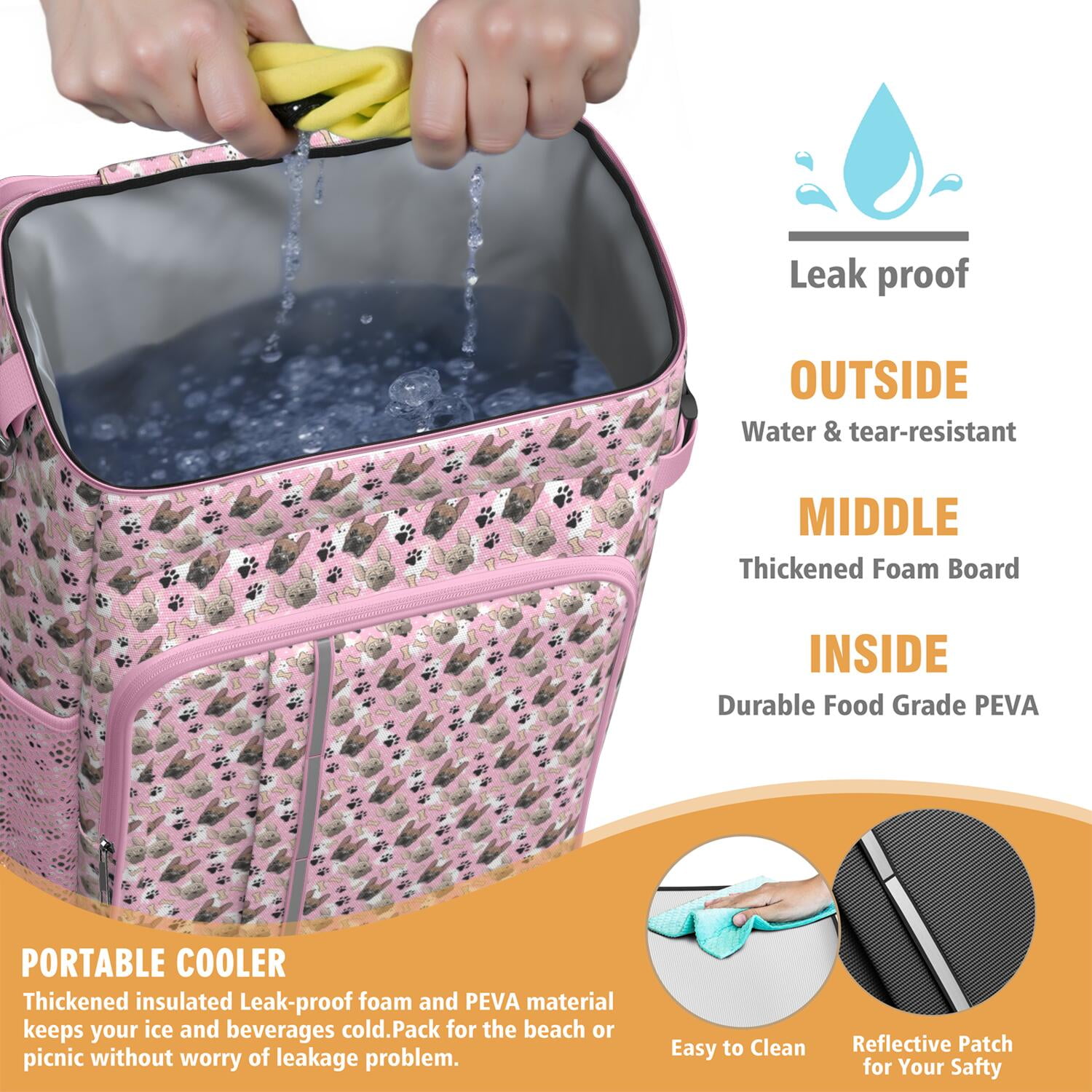 Travel Cooler Bag - French Bulldog Cute Bone Paw Print Camping Beer Cooler Backpack with Bottle Opener- Waterproof Insulated Picnic Backpacks - Cooler Bag for Beach
