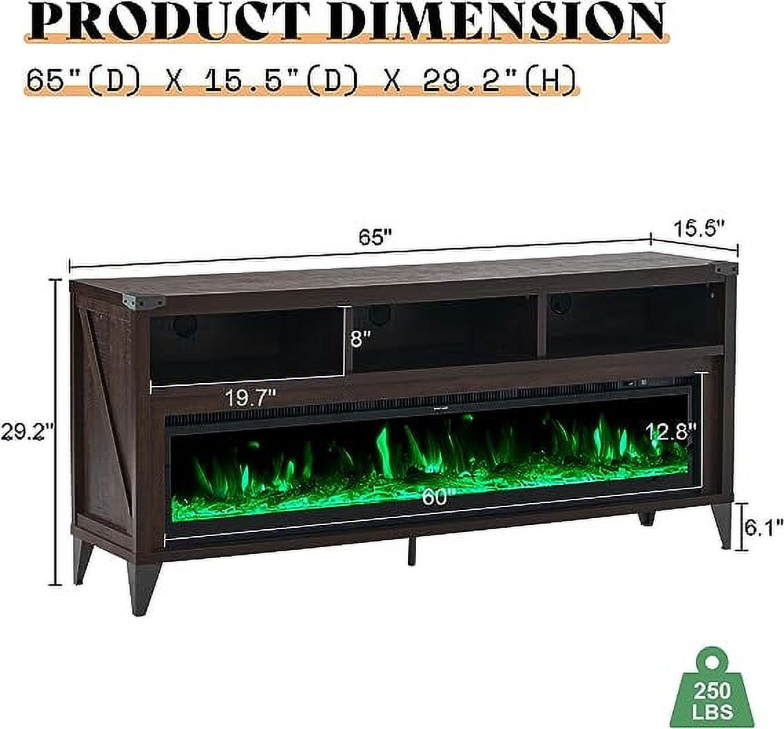 Merluxy 65" Fireplace TV Stand with 60" Glass Electric Fireplace for TVs up to 75", Espresso