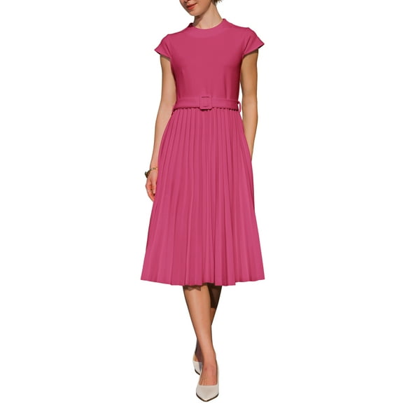 Vestido plisado de mujer Inspire Chic con cuello simulado, mangas cortas, cinturón y corte A en talla 2XL color fucsia