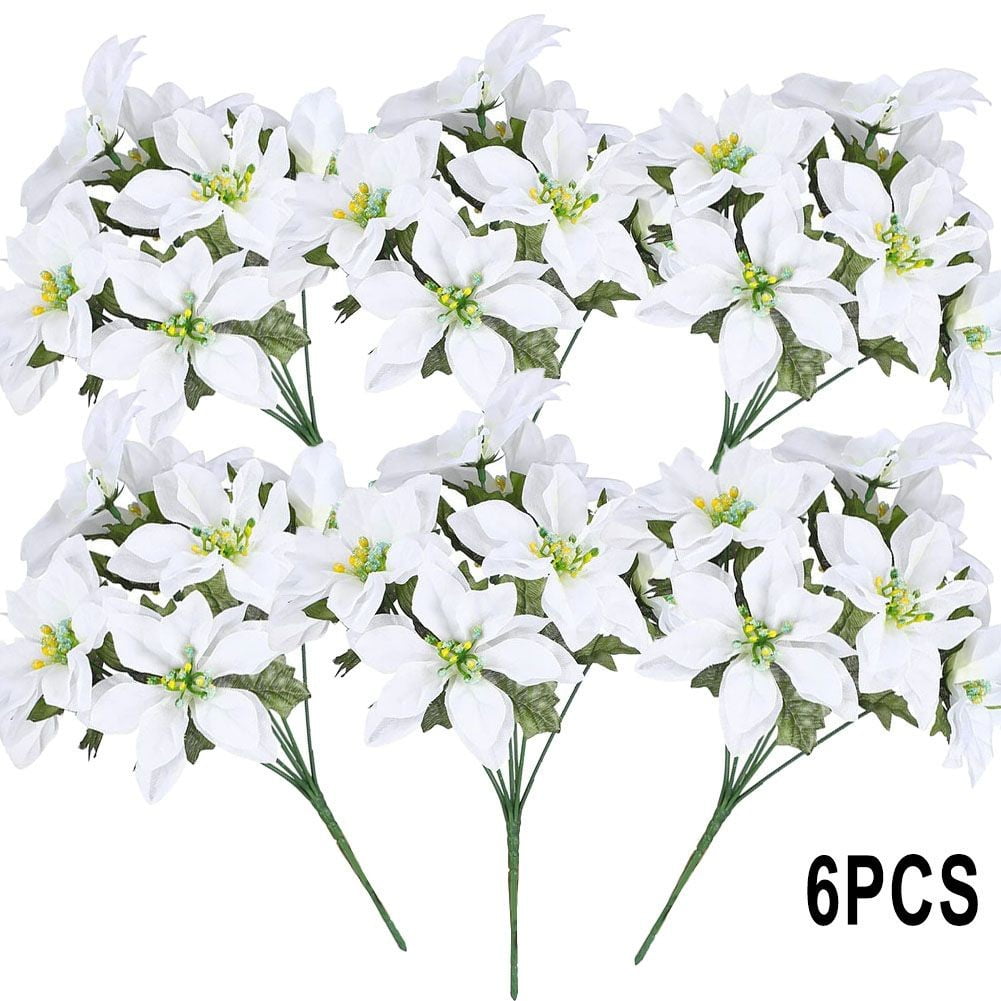 7 Heads Christmas Artificial Poinsettia Flowers Faux Poinsettia Bush