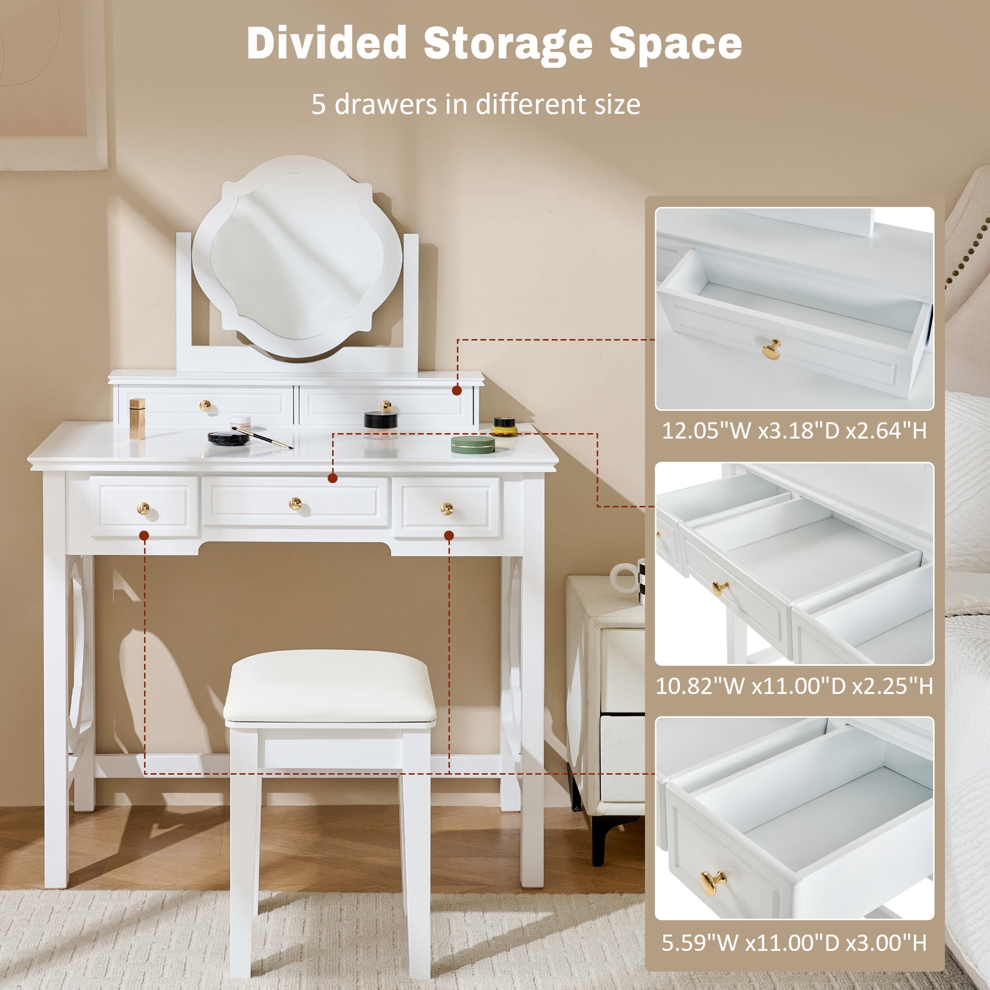Leumius White Vanity Table Set with Reversible Mirror,Small Makeup Vanity Desk Dressing Table with Stool for Small Places,Bedroom