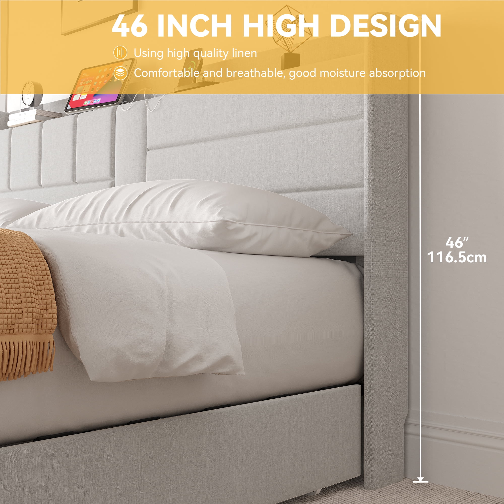 Dextrus King Size Bed Frame with Spacious Storage Drawers, Integrated Charging Ports
