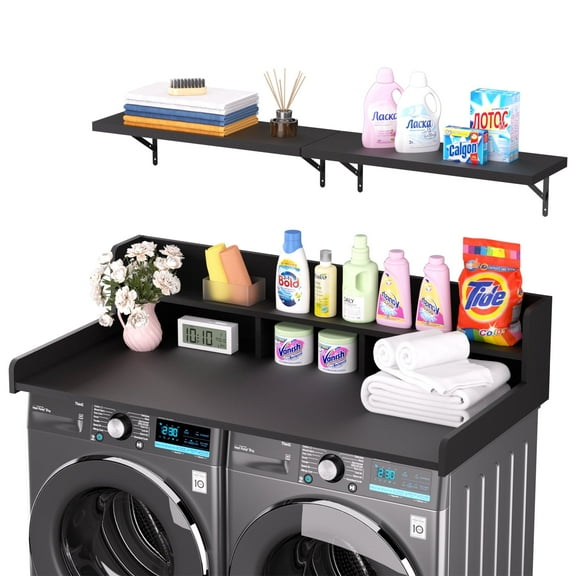 2-Tier Washer and Dryer Countertop with Storage Shelves & Non-Slip Pads, Laundry Room Organizer Countertop Set, Black