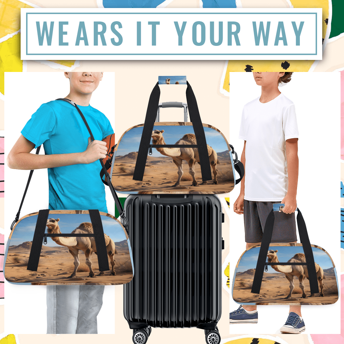 Herdesigns Animals Camel Sports Duffle Bag for Women & Men, Wildlife Animal Gym Bag Dance Bag Overnight Bag Carry On Weekender Travel Bag
