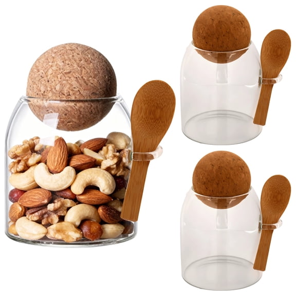3-Piece Glass Storage Jar Set with Cork Lids & Spoons, 500ml Clear Canisters for Pantry, Kitchen, Spices, Coffee, Tea, Flour, Sugar, Airtight Containers
