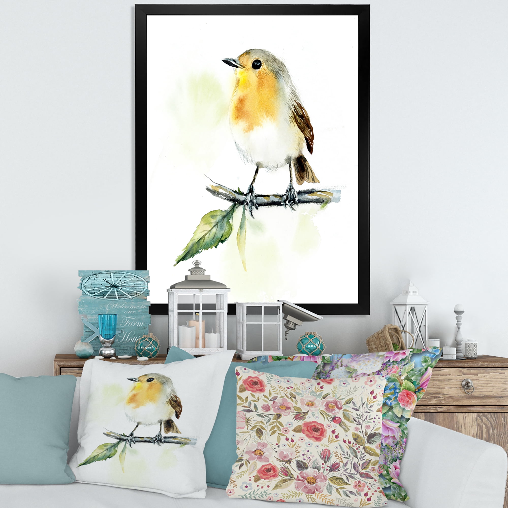 Designart 'Little Robin Bird Sitting On A Branch' Traditional Framed Art Print