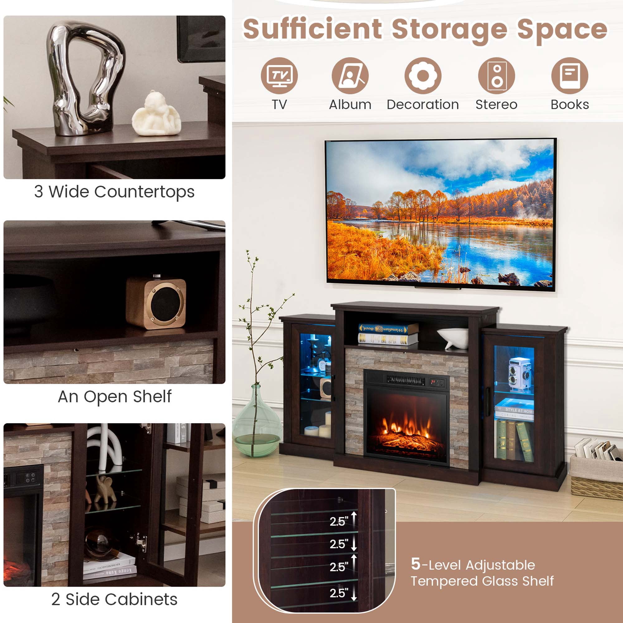 Costway Fireplace TV Stand with Led Lights & 18'' Electric Fireplace For 65" Wall-Mounted TV Dark Brown