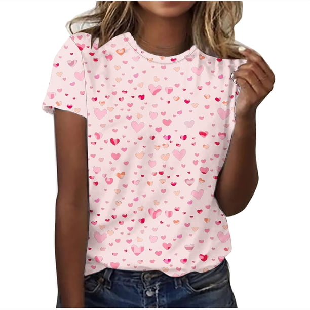 Camisetas Casuales de Mujer Día de San Valentín Impreso Cuello Tripulado Manga Corta, Top de Moda para la Fiesta Y Diario
