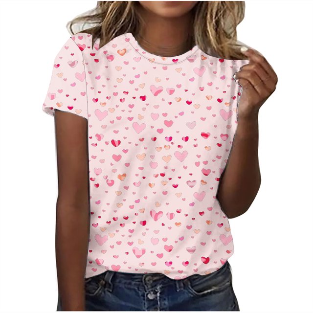 Camisetas Casuales de Mujer Día de San Valentín Impreso Cuello Tripulado Manga Corta, Top de Moda para la Fiesta Y Diario