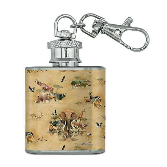 African Waterhole Animals Elephant Zebra Rhino Pattern Stainless Steel 1oz Mini Flask Key Chain