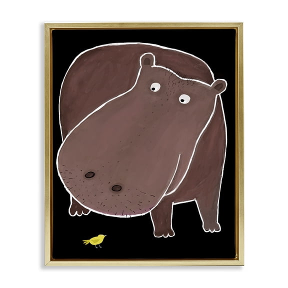 Stupell Industries Hippo & Bird on Black Animals Painting Gold Floater Framed Canvas Art Print Wall Art, 17 x 21