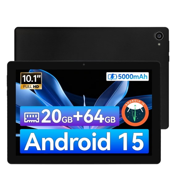 10.1 Inch Android 15 Tablet, 20GB RAM 64GB ROM, 1TB Expandable, Octa-Core, Widevine L1, Dual Camera Slim Tablet, Black