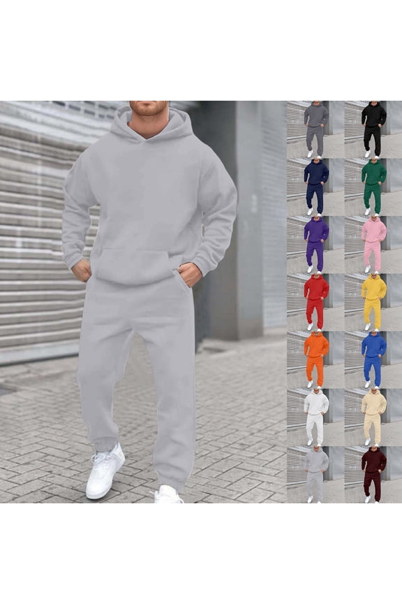 Men'S Tracksuits 2 Piece Set Casual Solid Color Hoodies Sweatshirt And Joggers Sweatpants Set Street Fall Winter Long Sleeve Sport Suit Set With Pocket