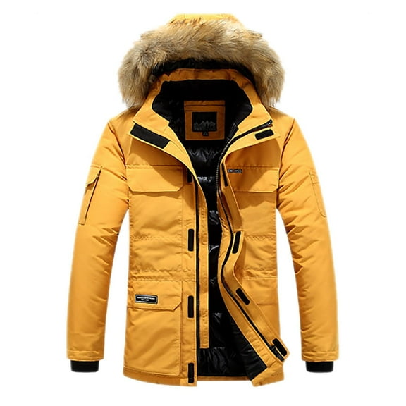Daznico Mens Winter Jacket - Male Winter Warm Casual Padded Jacket Thickened Mid Length Pocket Design Hooded Collar Padded Jacket -Winter Coats for Men,Color:Yellow,Size:XL