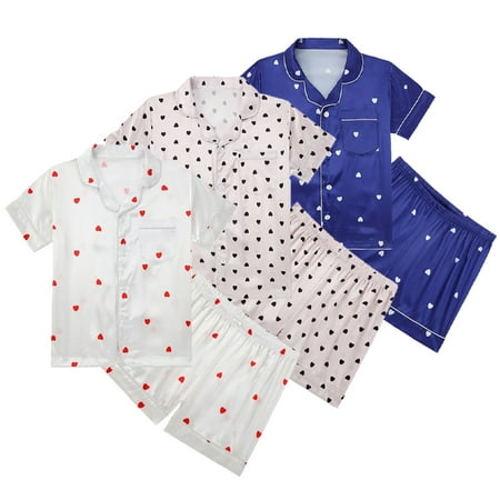 

KYAIGUO 2Pcs Kids Short Sleeve Pajamas Pj Set 5-14years Youth Summer Satin Printed Sleepwear Loungewear Outfit Cute Buttons Lapel Lounge Sleep Set