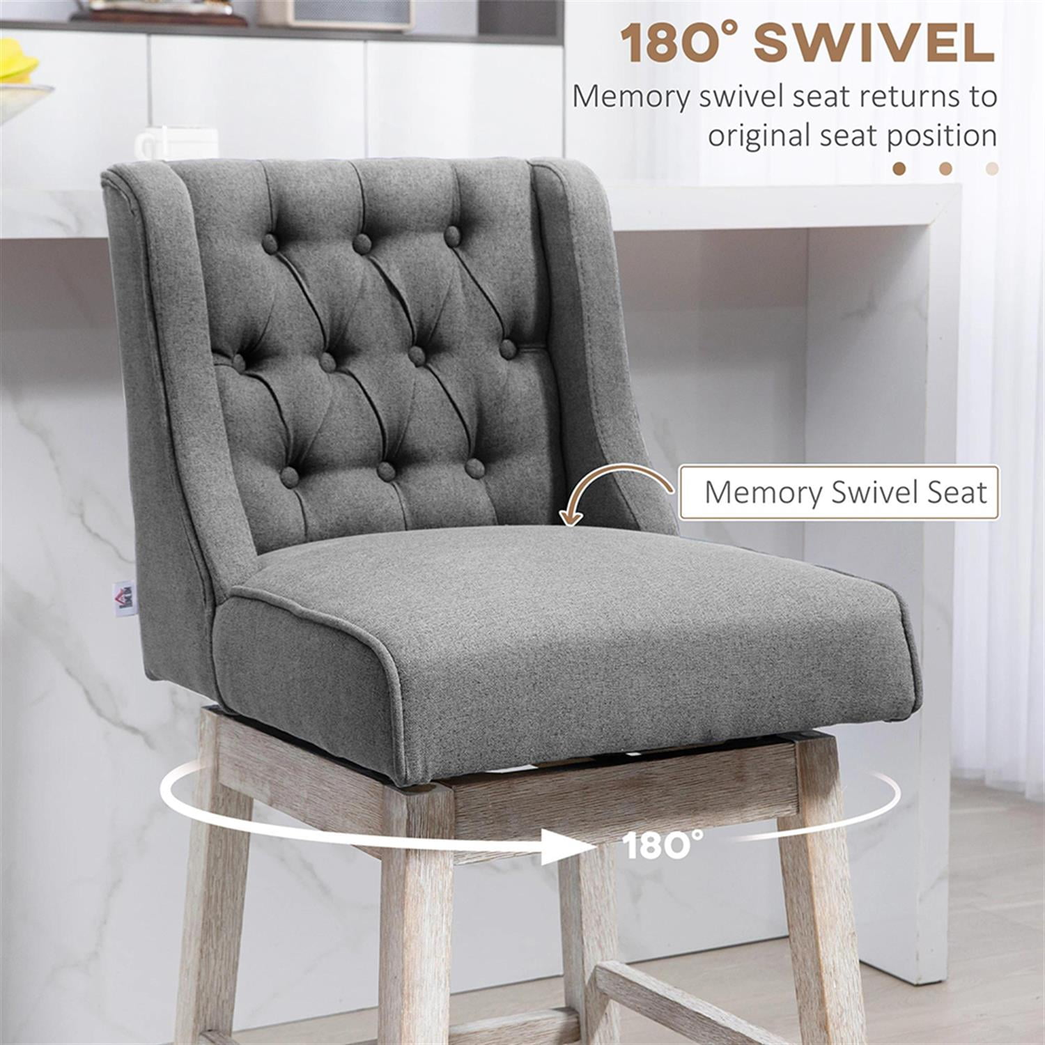 Demi Bonn 180 Degree Swivel Bar Stool Set of 2, Modern Cushioned Bar 27" Seat Height Stool with Linen Upholstery, Button Tufted Back and Solid Wood Legs, Gray
