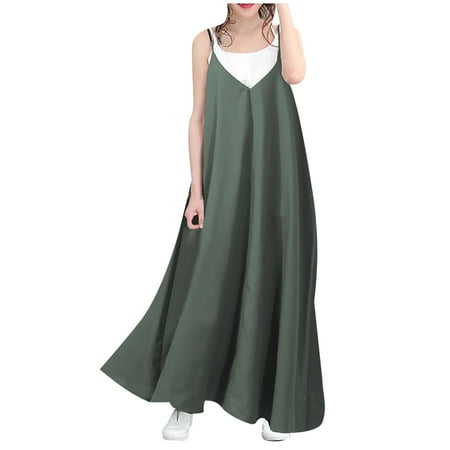 

Womens Summer High Low Ruffle Maxi Dress Spaghetti Strap Solid Flowy Beach Swing Long Dress