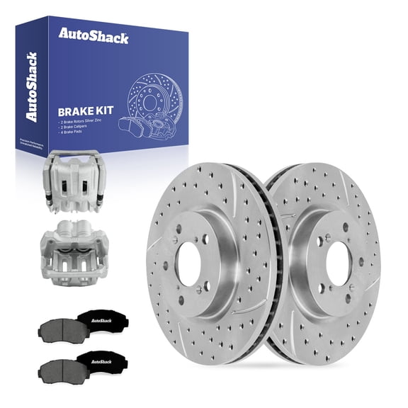 AutoShack Front Drilled & Slotted Brake Rotors Premium Ceramic Brake Pads Calipers | Replacement for 2011-2014 Honda Odyssey 3.5L V6 FWD | Silver Zinc Coated | 8-PC Brake Kit | SilverShield Pro