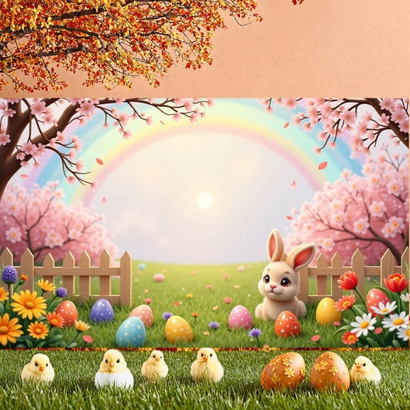 Colorful Eggs Easter Banner Cherry Blossom Spring Backdrop Rainbow Cute Bunny Egg Hunt Background for Easter Party Spring Celebration Kids Activity